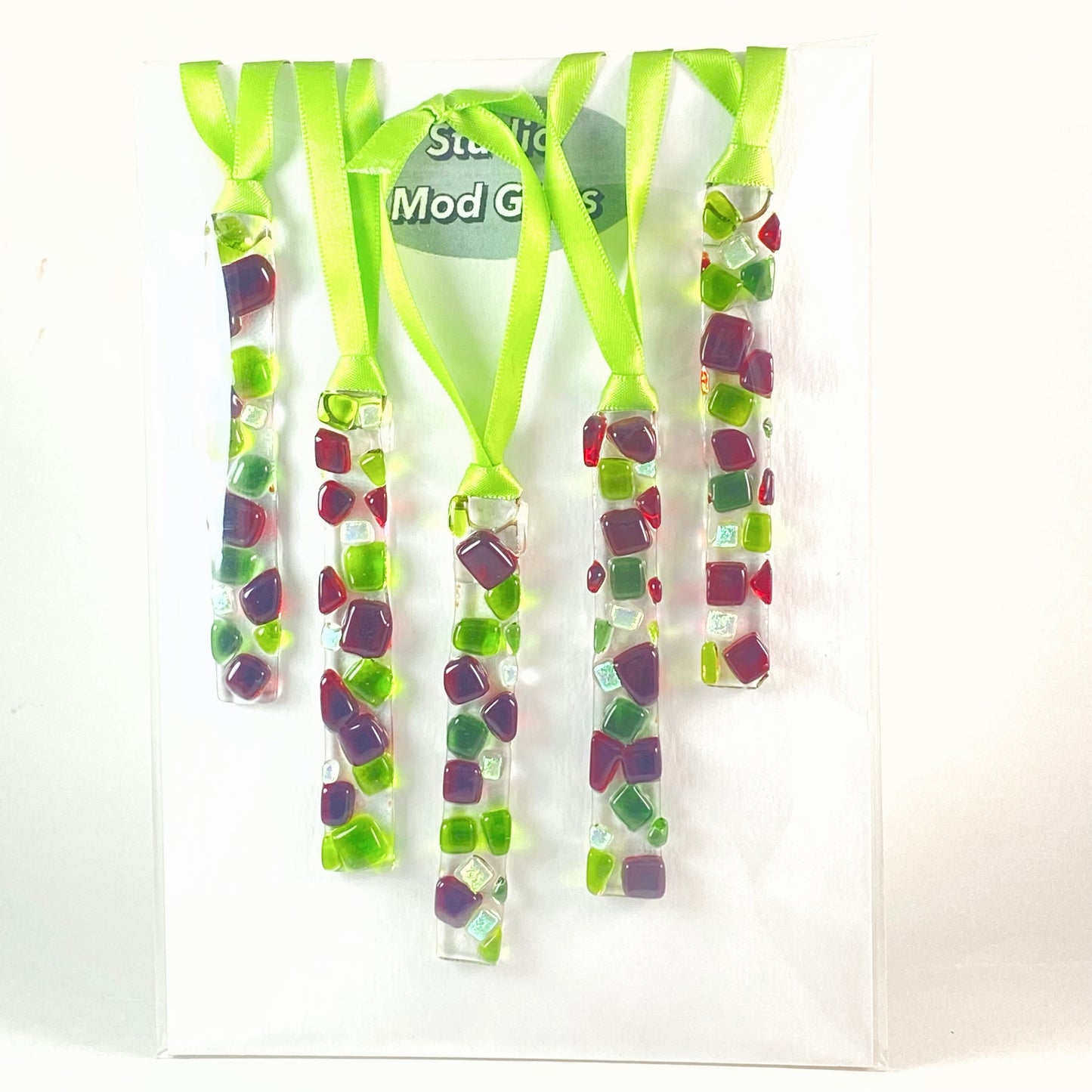 Five (5) RECTANGLE Ornaments with Red & Green Squares