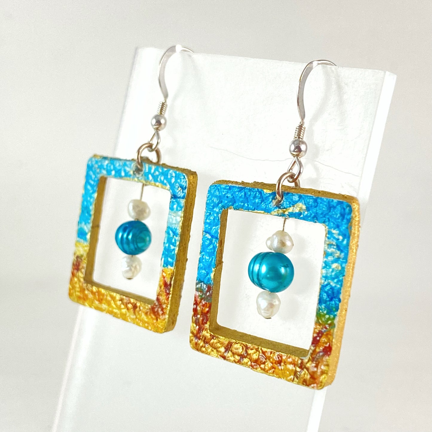 Square Beach Earrings with Blue Pearl