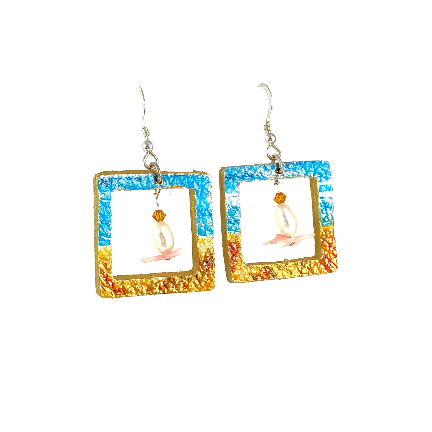 Square Beach Earrings with Pearl and Coral