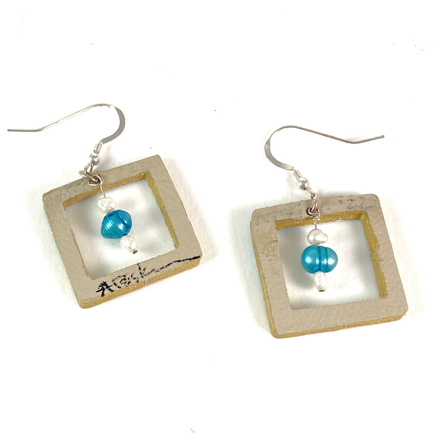 Square Beach Earrings with Blue Pearl