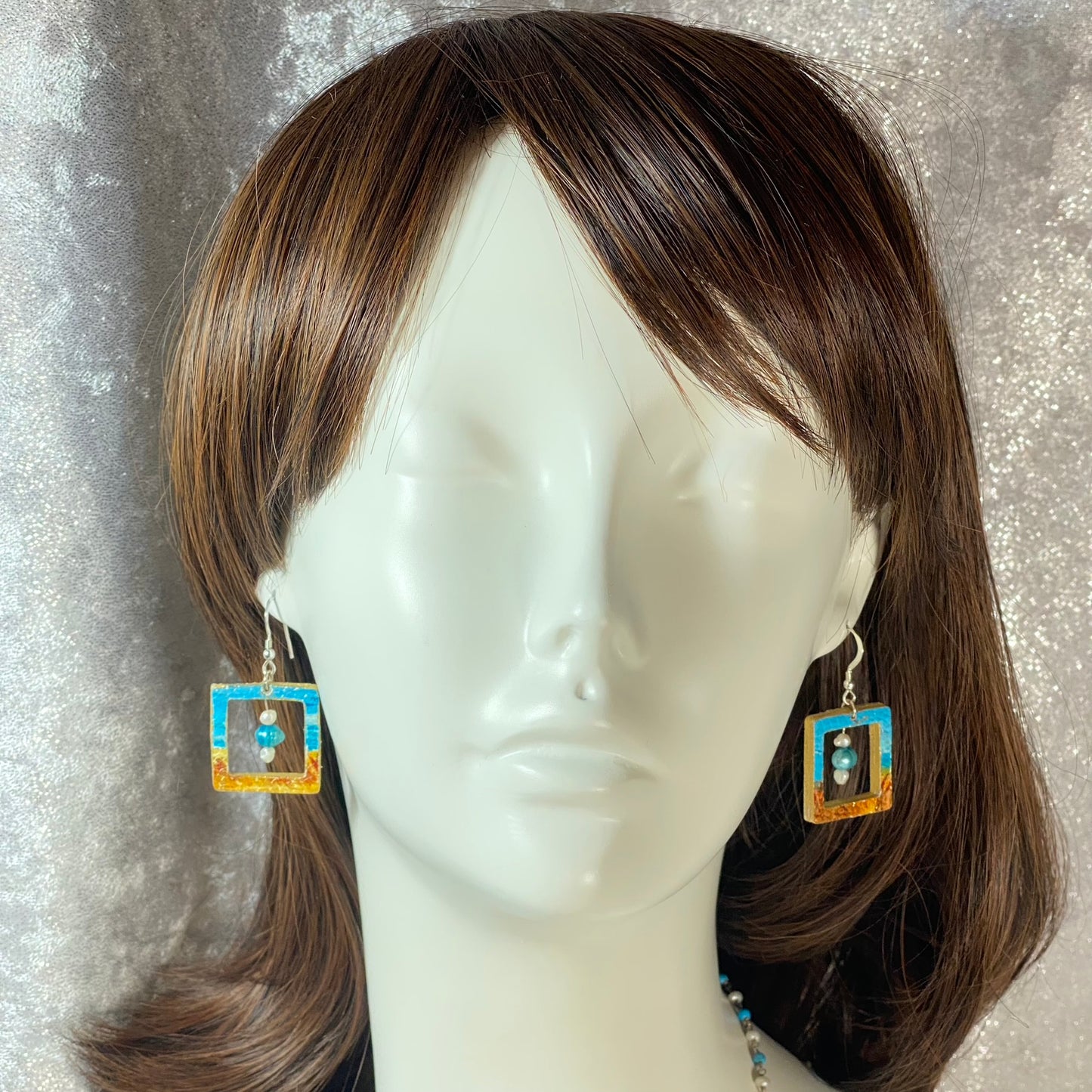 Square Beach Earrings with Blue Pearl