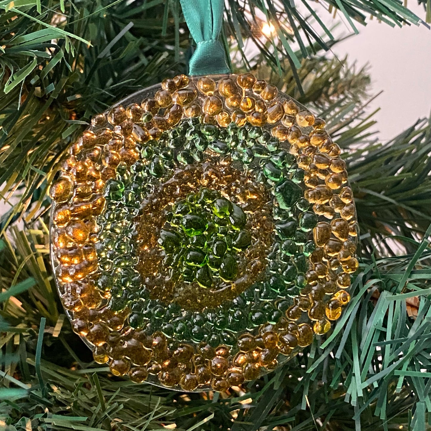 Bullseye Frit Ornament in Gold and Green