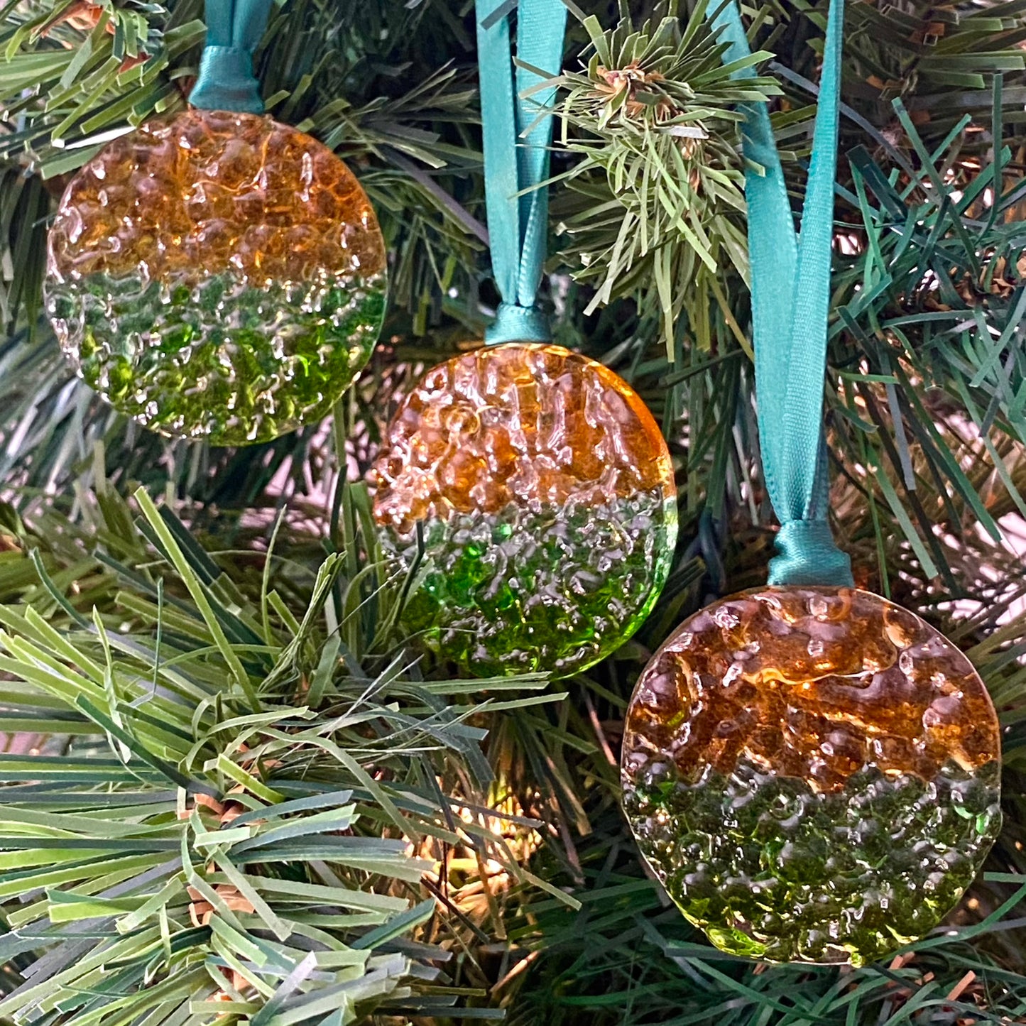 Three (3) Frit Circle Ornaments in Green and Gold