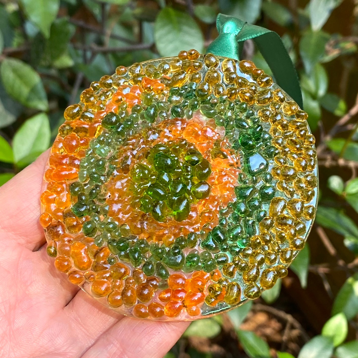 Bullseye Frit Ornament in Gold and Green