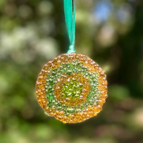 Bullseye Frit Ornament in Gold and Green