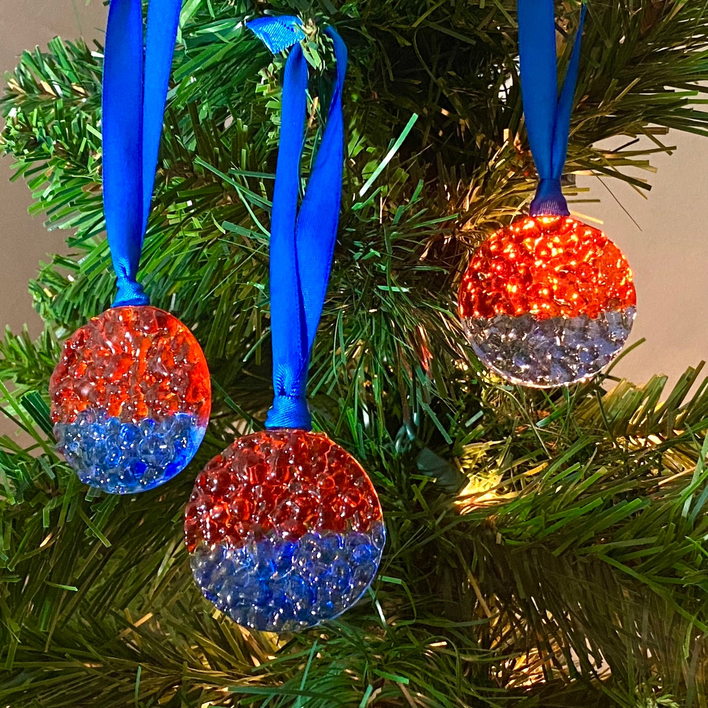 Three (3) Frit Circle Ornaments in Orange and Blue