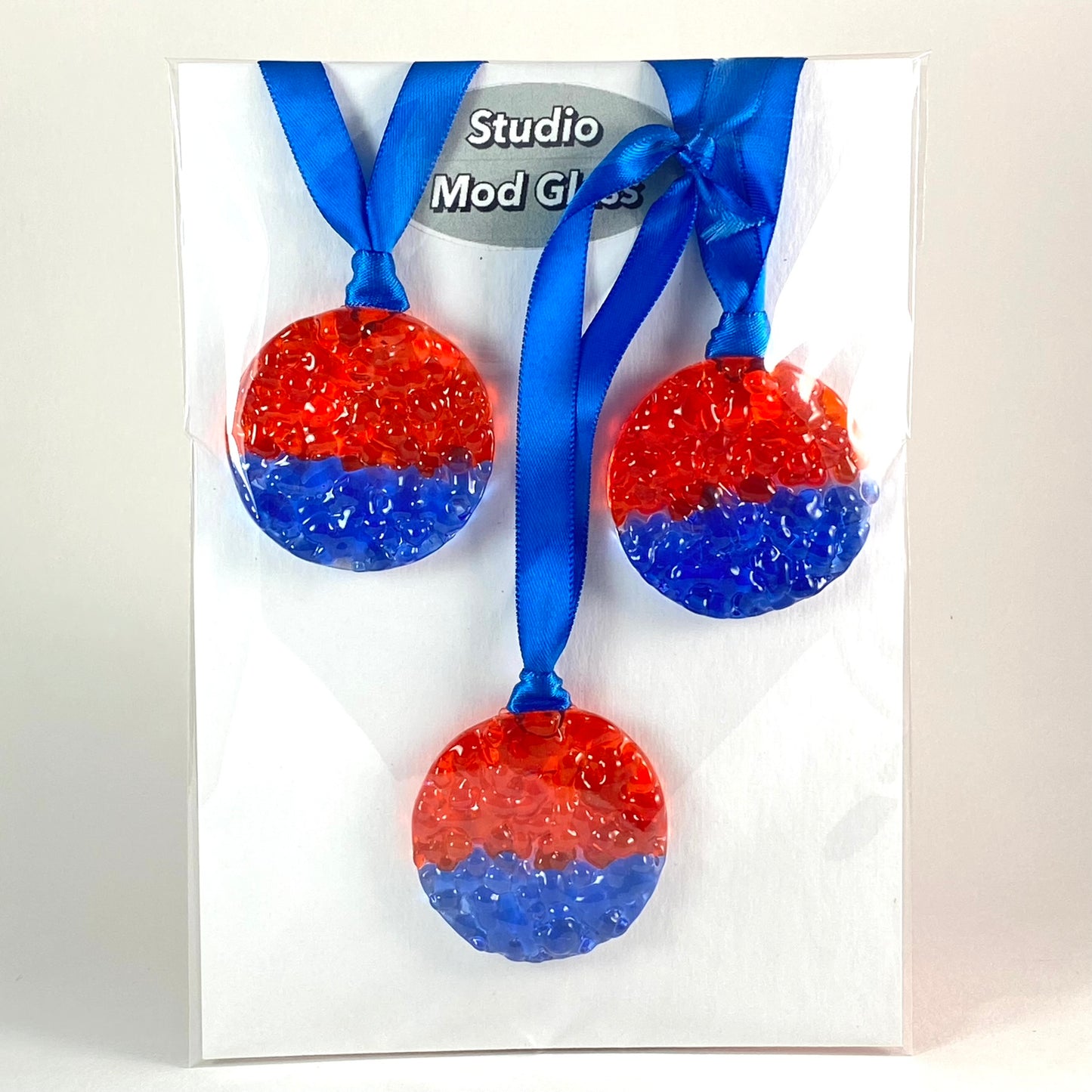 Three (3) Frit Circle Ornaments in Orange and Blue