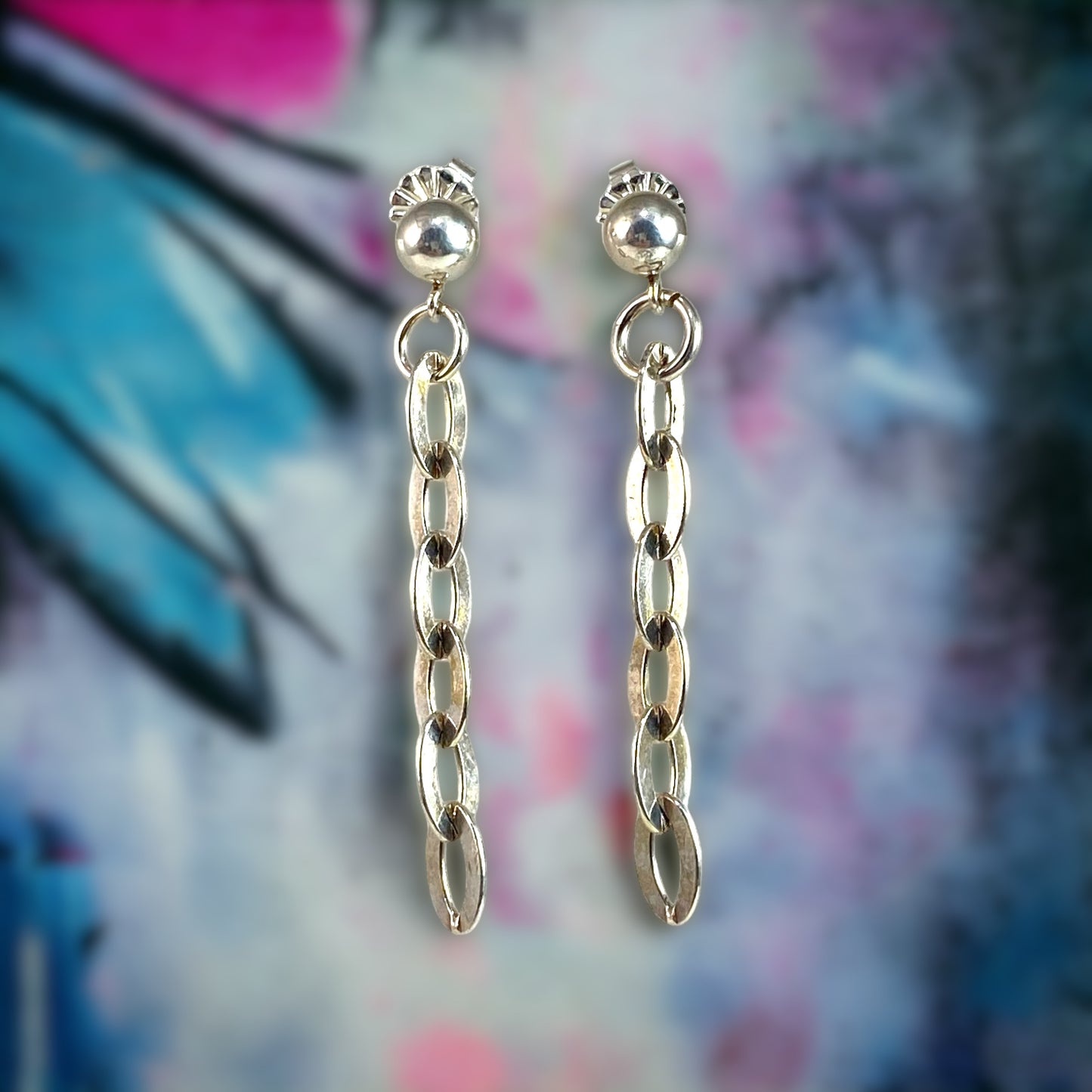 Oval Flat Linked Chain Ball Post Earrings