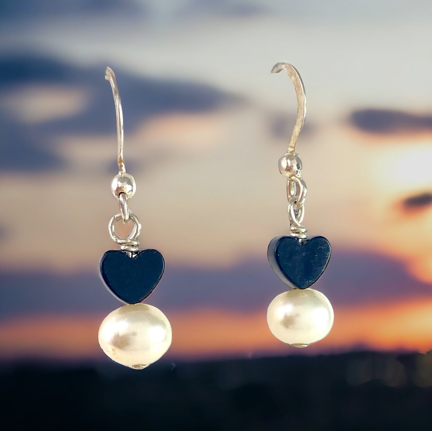 Tiny Black Onyx Heart Earrings with Pearl