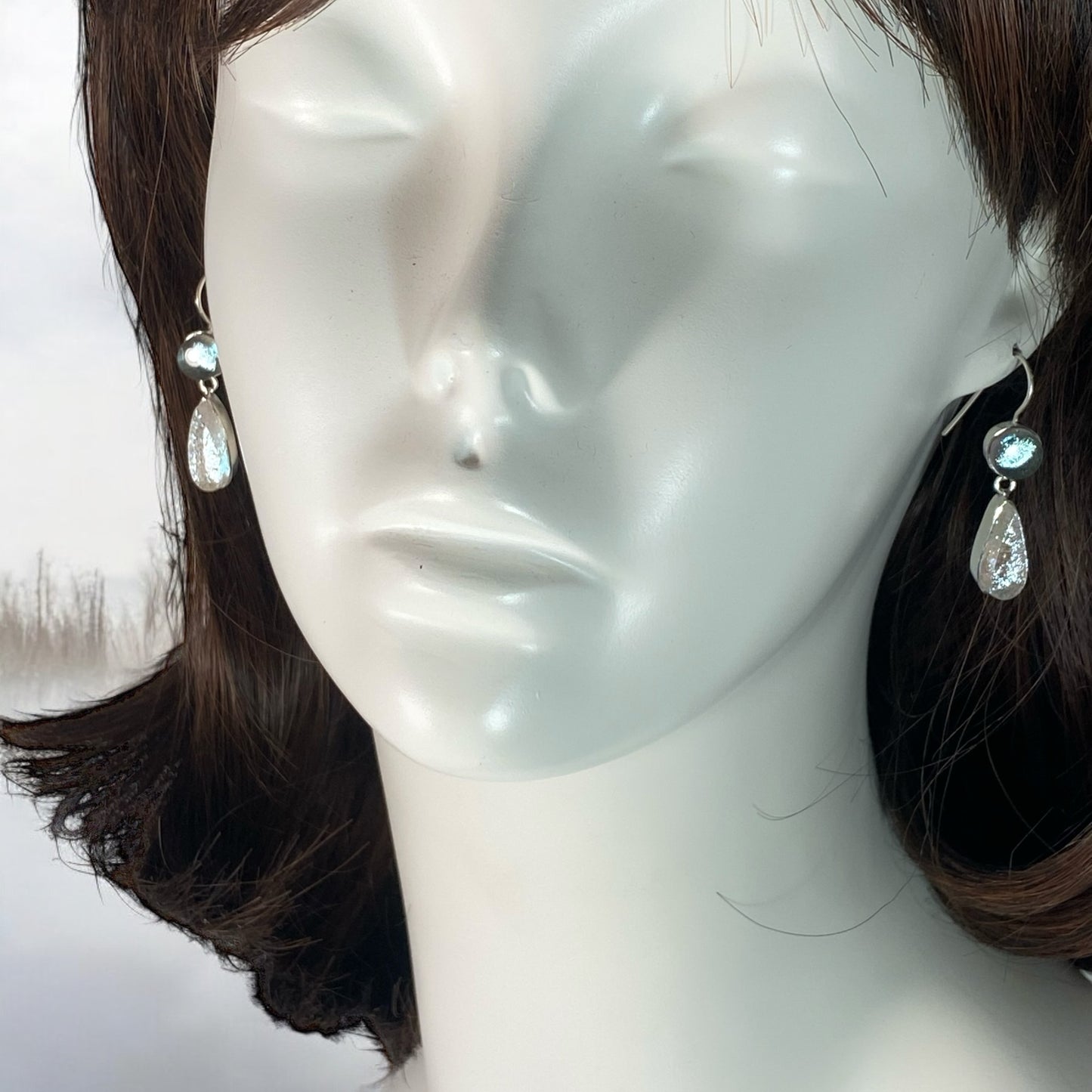 Double Drop Earrings in Platinum and Pearl