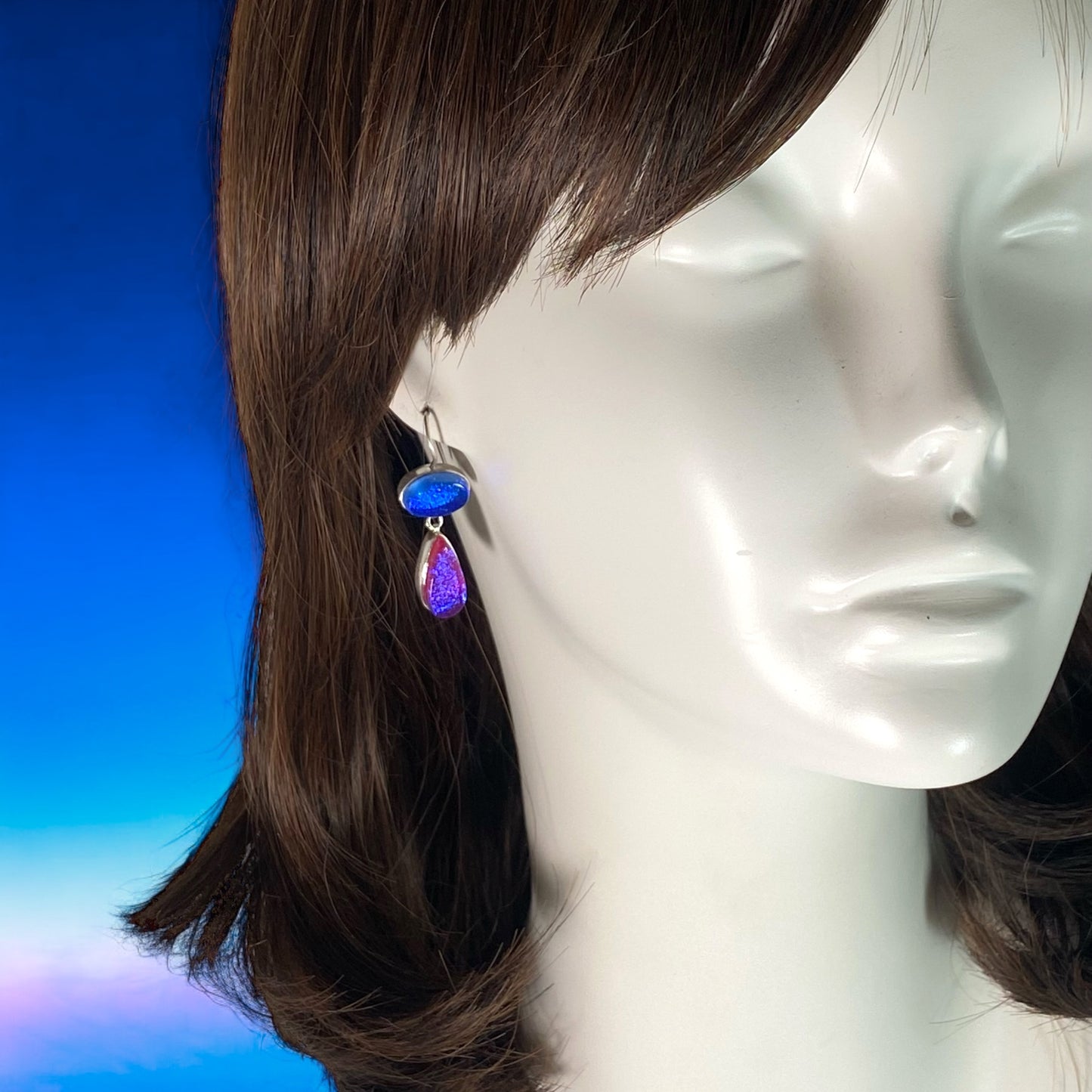 Double Drop Earrings in Azure and Raspberry