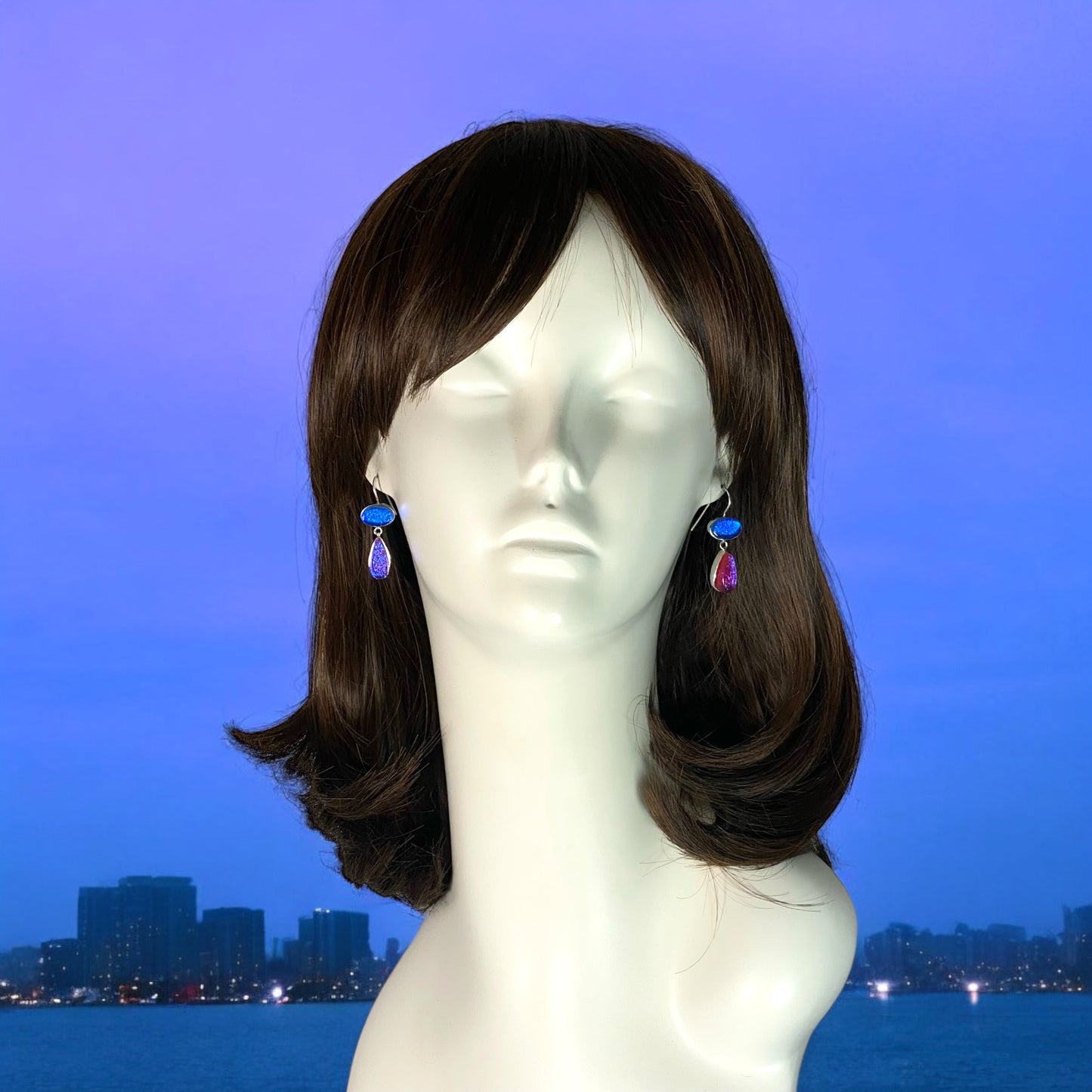 Double Drop Earrings in Azure and Raspberry