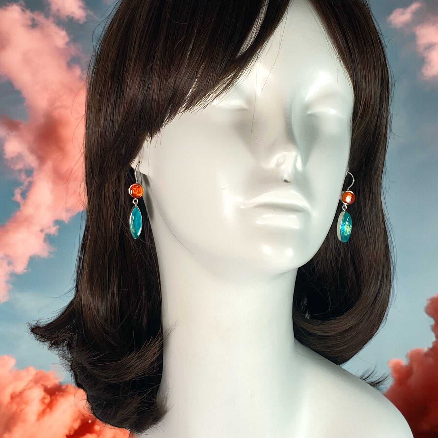 Double Drop Earrings in Tangerine and Sea Foam