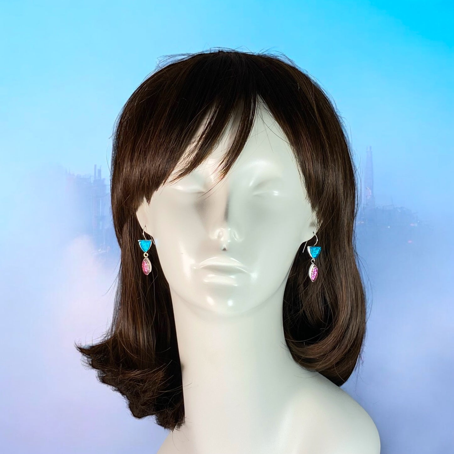Double Drop Earrings in Aqua and Pink