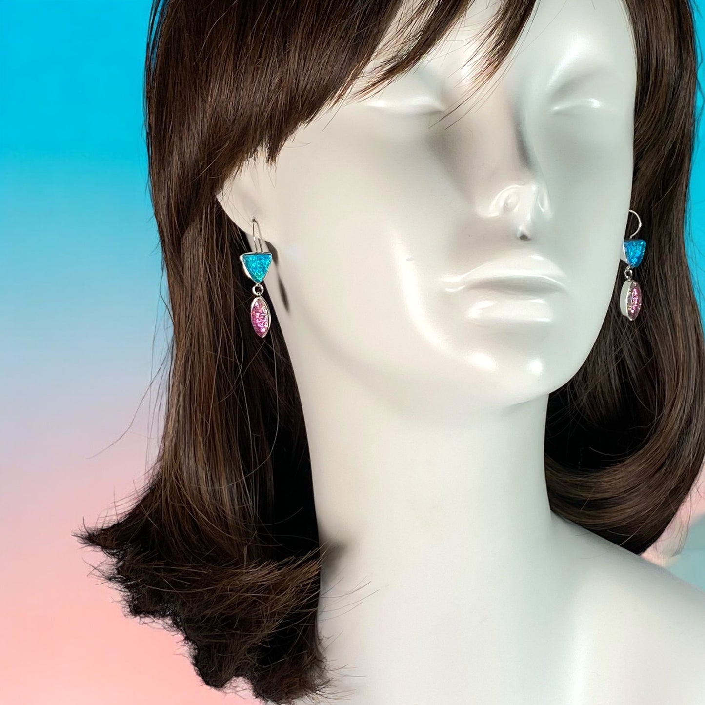 Double Drop Earrings in Aqua and Pink