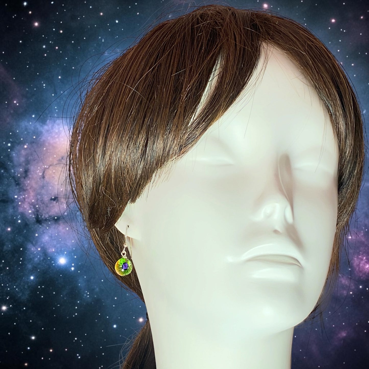 Space Ball Earrings in Citron Green & Purple