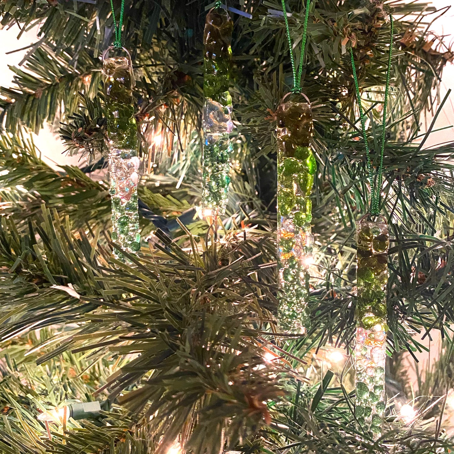 Four (4) Frit RECTANGLE Ornaments in Greens with Dichroic