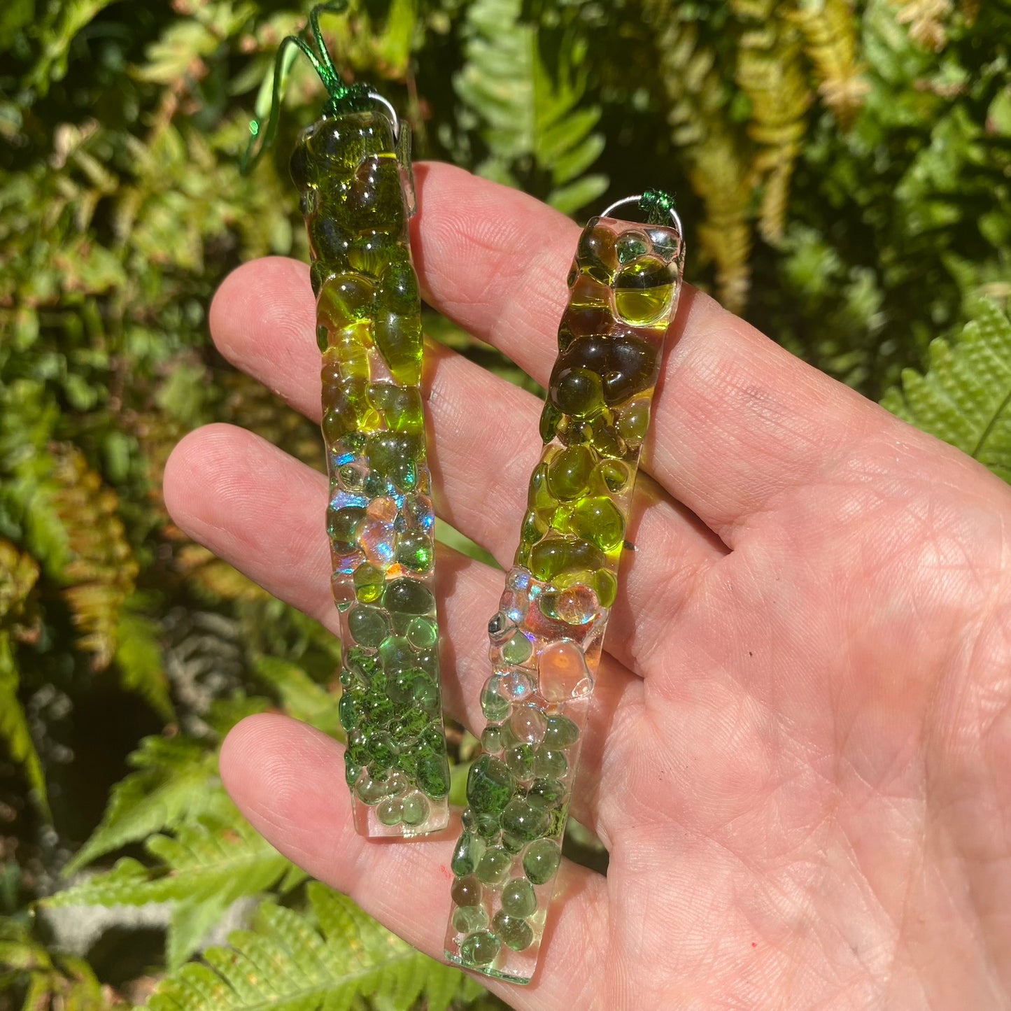 Four (4) Frit RECTANGLE Ornaments in Greens with Dichroic