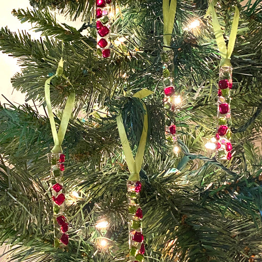 Five (5) RECTANGLE Ornaments with Red & Green Squares
