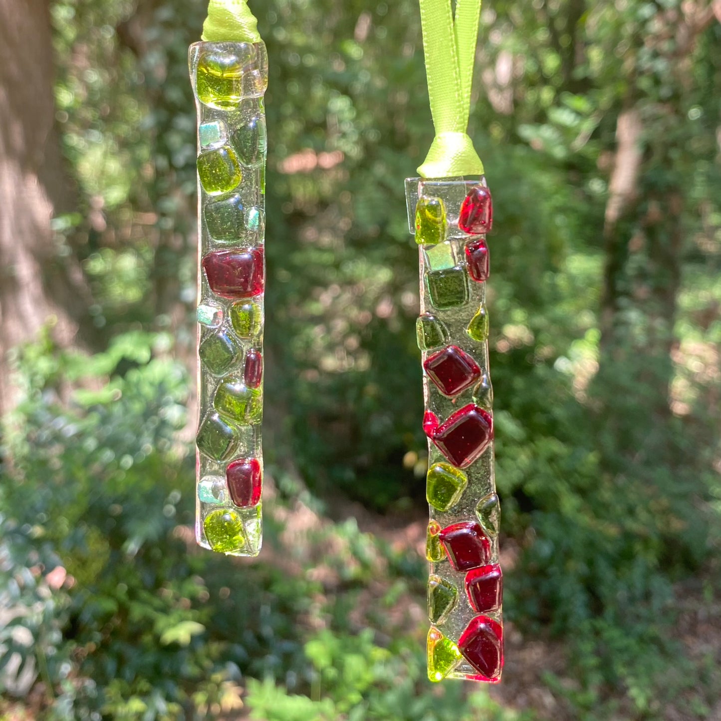 Five (5) RECTANGLE Ornaments with Red & Green Squares