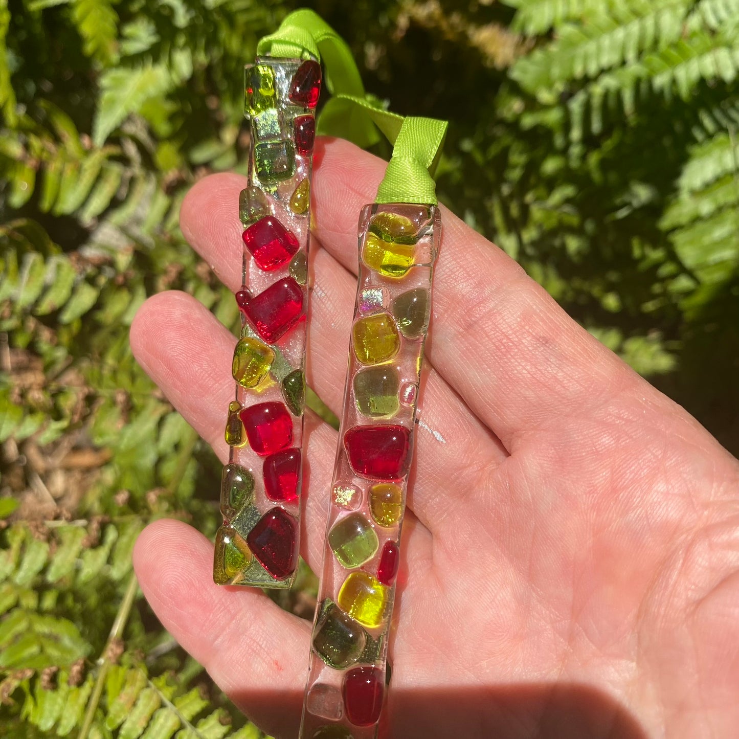 Five (5) RECTANGLE Ornaments with Red & Green Squares