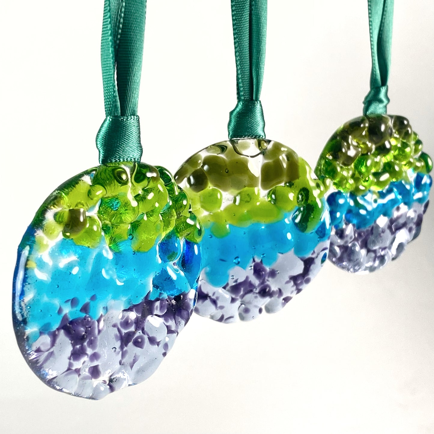 Three (3) Frit Circle Ornaments in Green, Blue & Purple