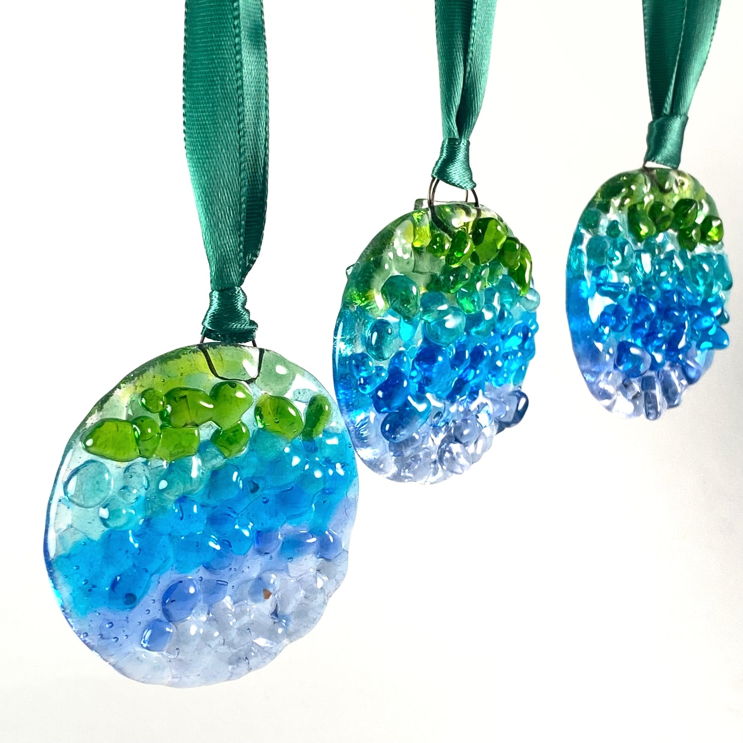 Three (3) Frit Circle Ornaments in Green, Blue & Purple