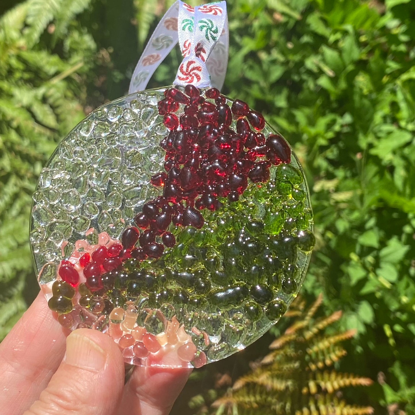 Large Circle Ornament in Red,Green & Clear Frit