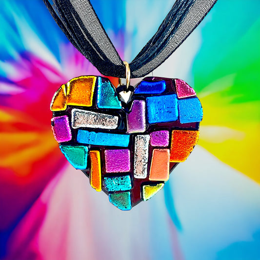 Dichroic Glass Heart Necklace in Black Multicolor