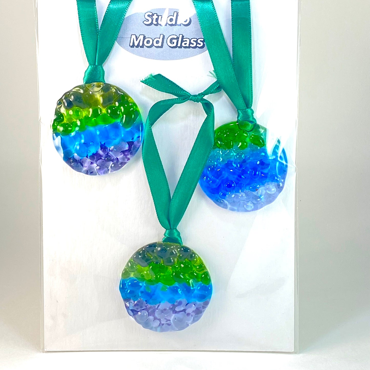 Three (3) Frit Circle Ornaments in Green, Blue & Purple