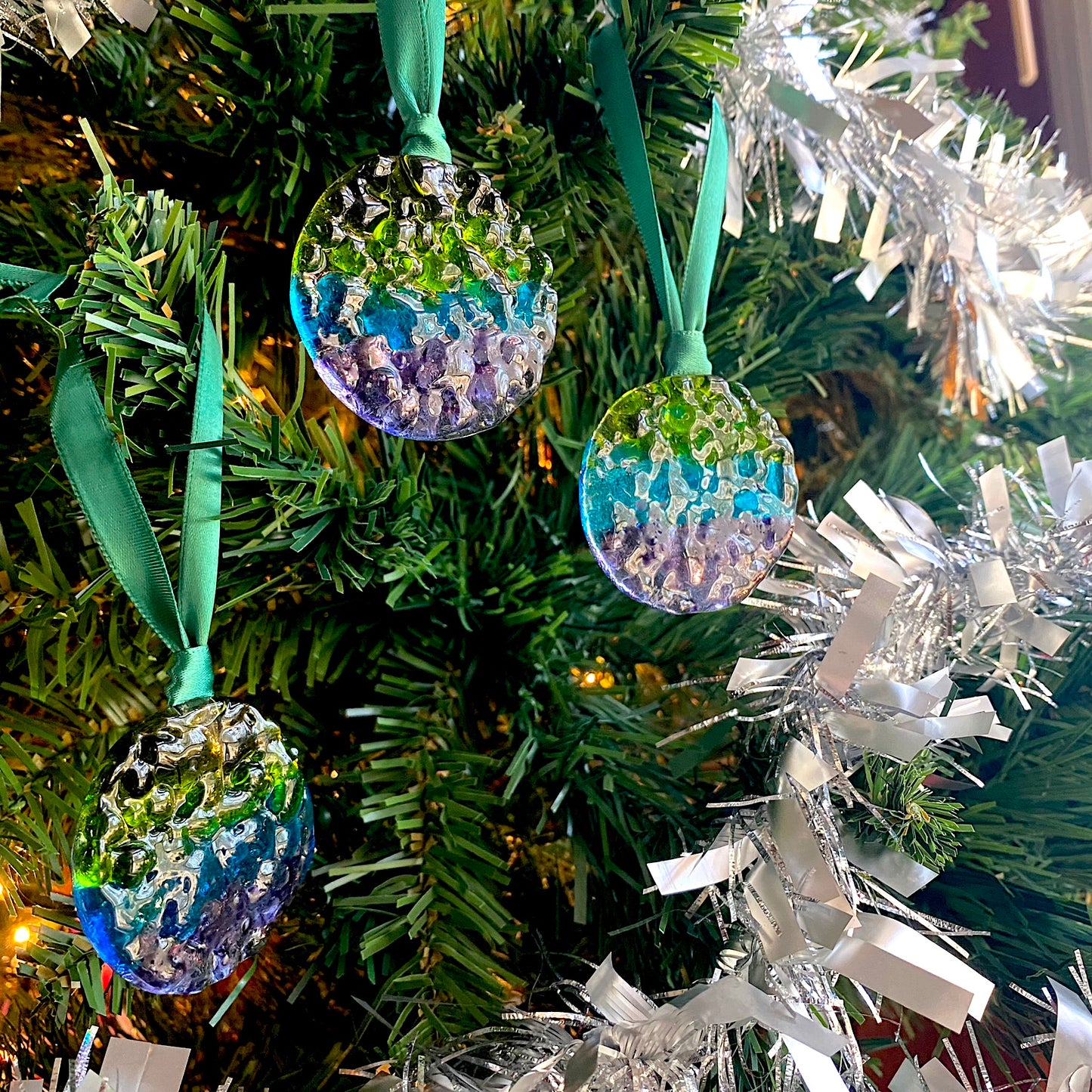 Three (3) Frit Circle Ornaments in Green, Blue & Purple