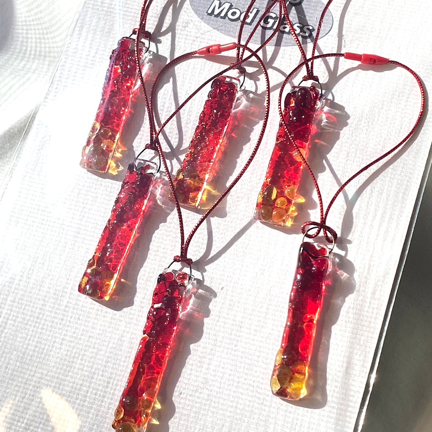 Six (6) Frit RECTANGLE Ornaments in Red & Amber