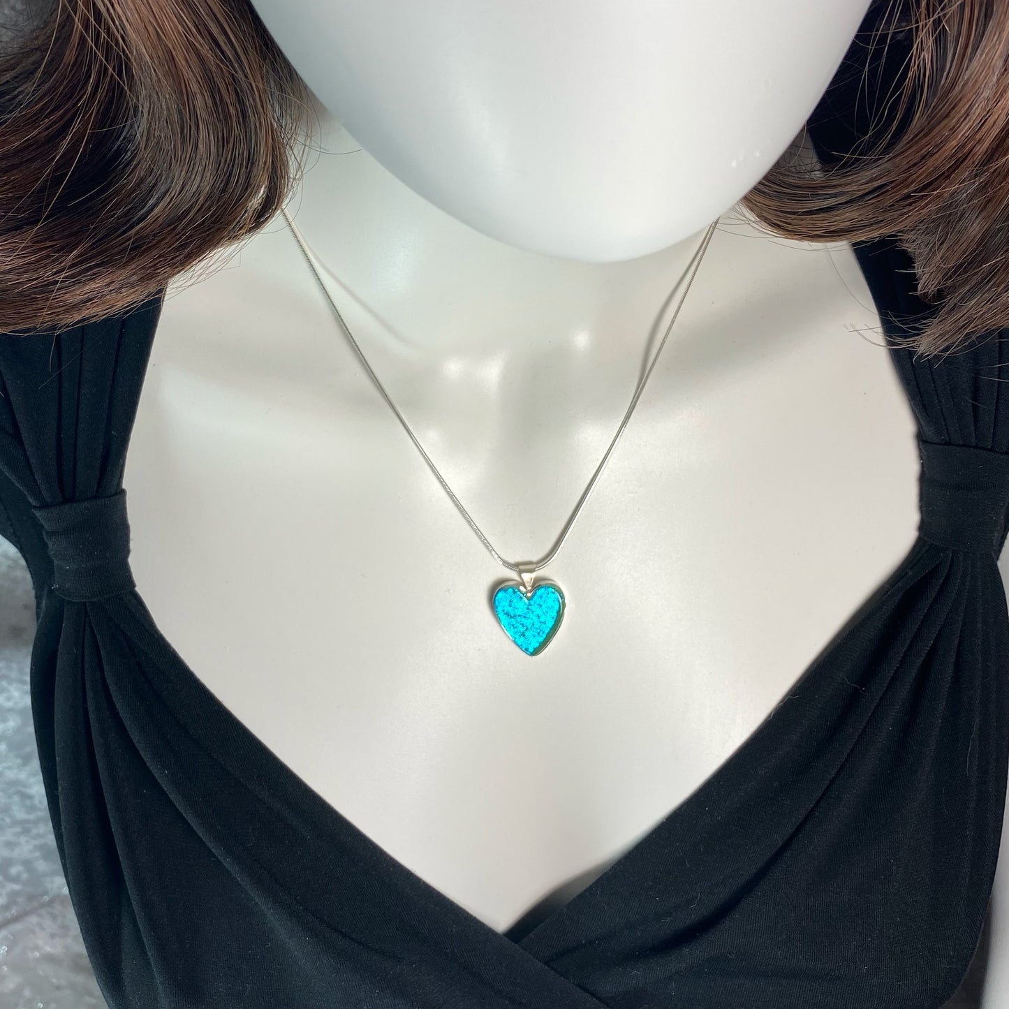 Soft sparkly aqua blue glass heart necklace, fused glass, glass jewelry, glass and silver jewelry, handmade, handcrafted, American Craft, hand fabricated jewelry, hand fabricated jewellery, Athens, Georgia, colorful jewelry, sparkle, bullseye glass, dichroic glass, art jewelry