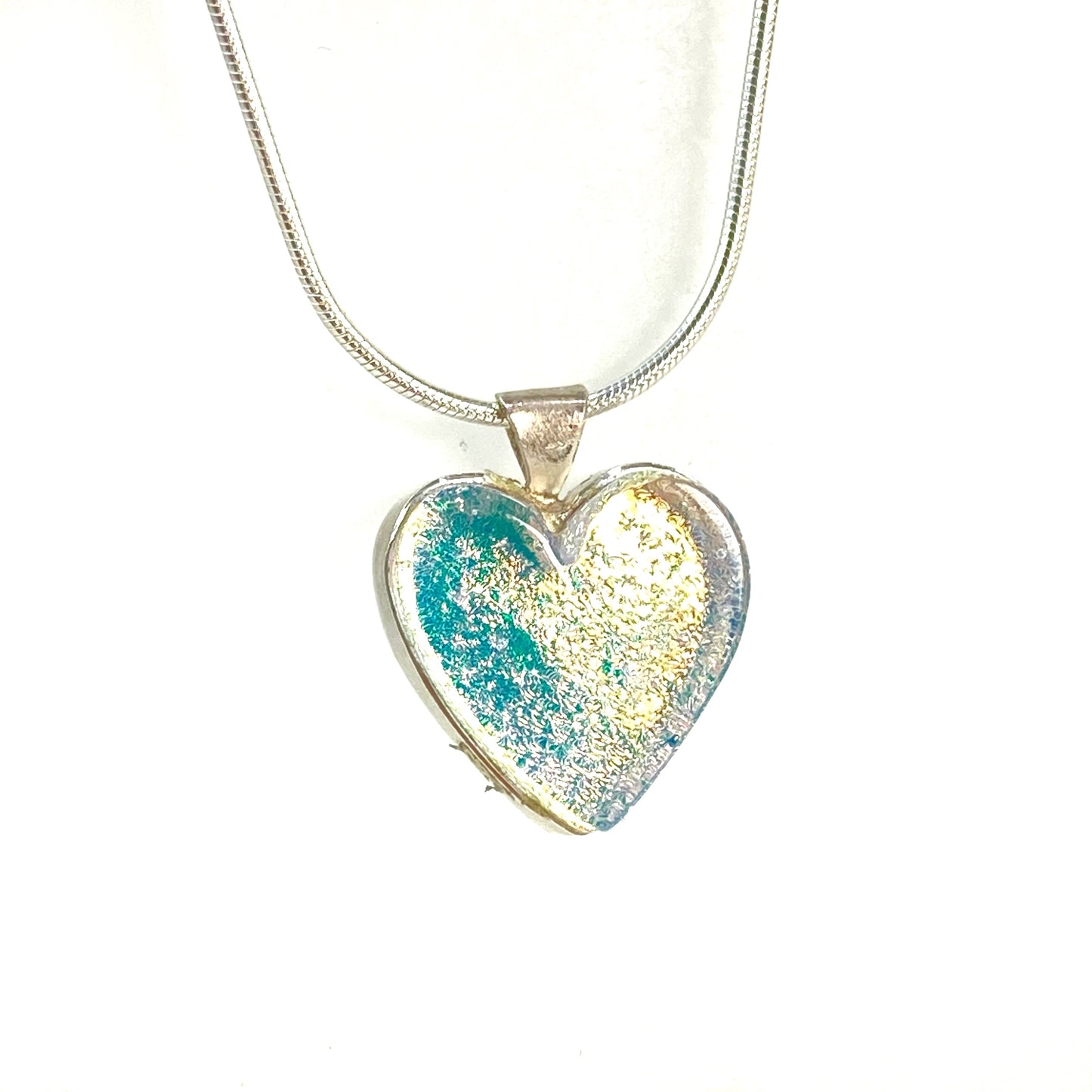 Light gold glass heart necklace, fused glass, glass jewelry, glass and silver jewelry, handmade, handcrafted, American Craft, hand fabricated jewelry, hand fabricated jewellery, Athens, Georgia, colorful jewelry, sparkle, bullseye glass, dichroic glass, art jewelry
