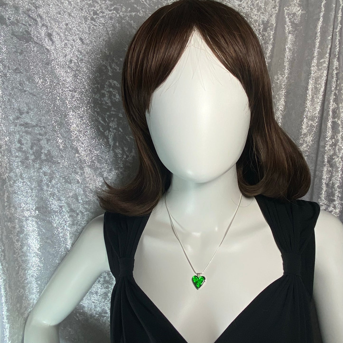 Bright emerald green heart necklace, fused glass, glass jewelry, glass and silver jewelry, handmade, handcrafted, American Craft, hand fabricated jewelry, hand fabricated jewellery, Athens, Georgia, colorful jewelry, sparkle, bullseye glass, dichroic glass, art jewelry