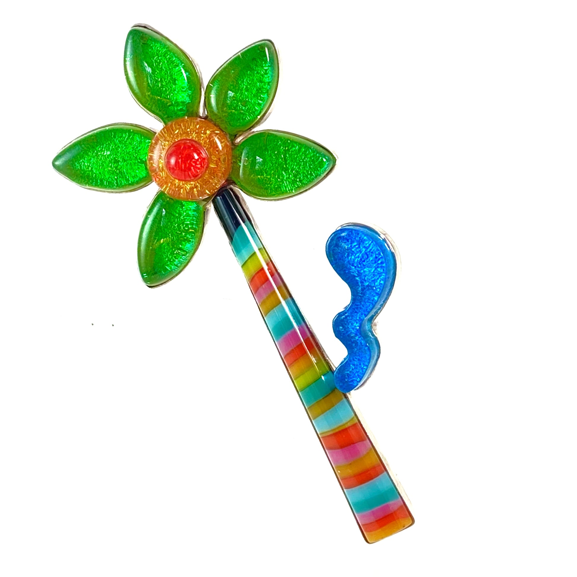 green, yellow and blue with stripes flower tree brooch fused glass, glass jewelry, glass and silver jewelry, handmade, handcrafted, American Craft, hand fabricated jewelry, hand fabricated jewellery, Athen, Georgia, colorful jewelry, sparkle, bullseye glass, dichroic glass, art jewelry