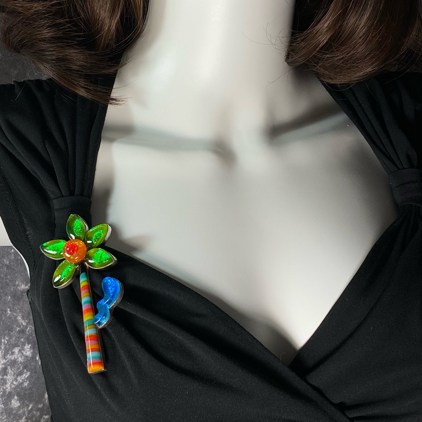 green, yellow and blue with stripes flower tree brooch fused glass, glass jewelry, glass and silver jewelry, handmade, handcrafted, American Craft, hand fabricated jewelry, hand fabricated jewellery, Athen, Georgia, colorful jewelry, sparkle, bullseye glass, dichroic glass, art jewelry