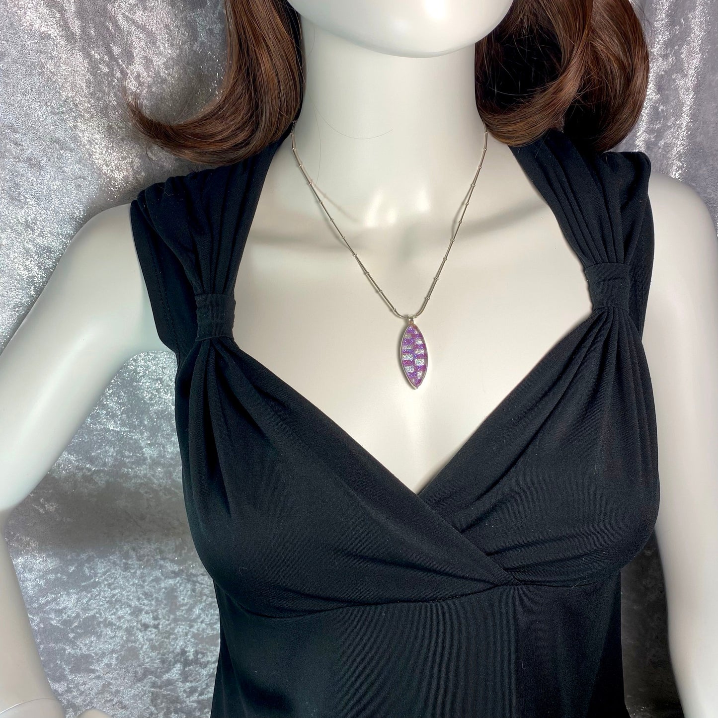 Two tone checkerboard marquise necklace in cotton candy pink and white pearl glass, fused glass, glass jewelry, glass and silver jewelry, handmade, handcrafted, American Craft, hand fabricated jewelry, hand fabricated jewellery, Athen, Georgia, colorful jewelry, sparkle, bullseye glass, dichroic glass, art jewelry