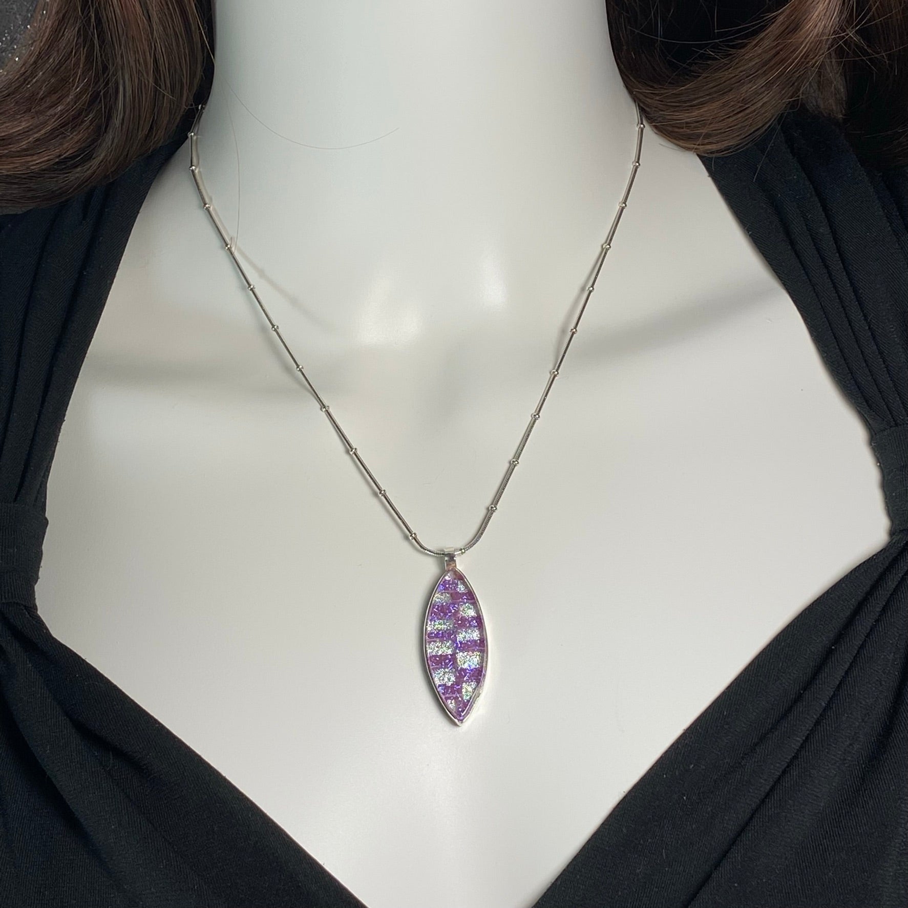 Two tone checkerboard marquise necklace in cotton candy pink and white pearl glass, fused glass, glass jewelry, glass and silver jewelry, handmade, handcrafted, American Craft, hand fabricated jewelry, hand fabricated jewellery, Athen, Georgia, colorful jewelry, sparkle, bullseye glass, dichroic glass, art jewelry