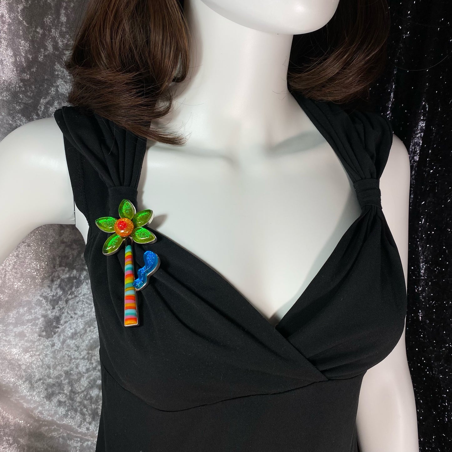 green, yellow and blue with stripes flower tree brooch fused glass, glass jewelry, glass and silver jewelry, handmade, handcrafted, American Craft, hand fabricated jewelry, hand fabricated jewellery, Athen, Georgia, colorful jewelry, sparkle, bullseye glass, dichroic glass, art jewelry