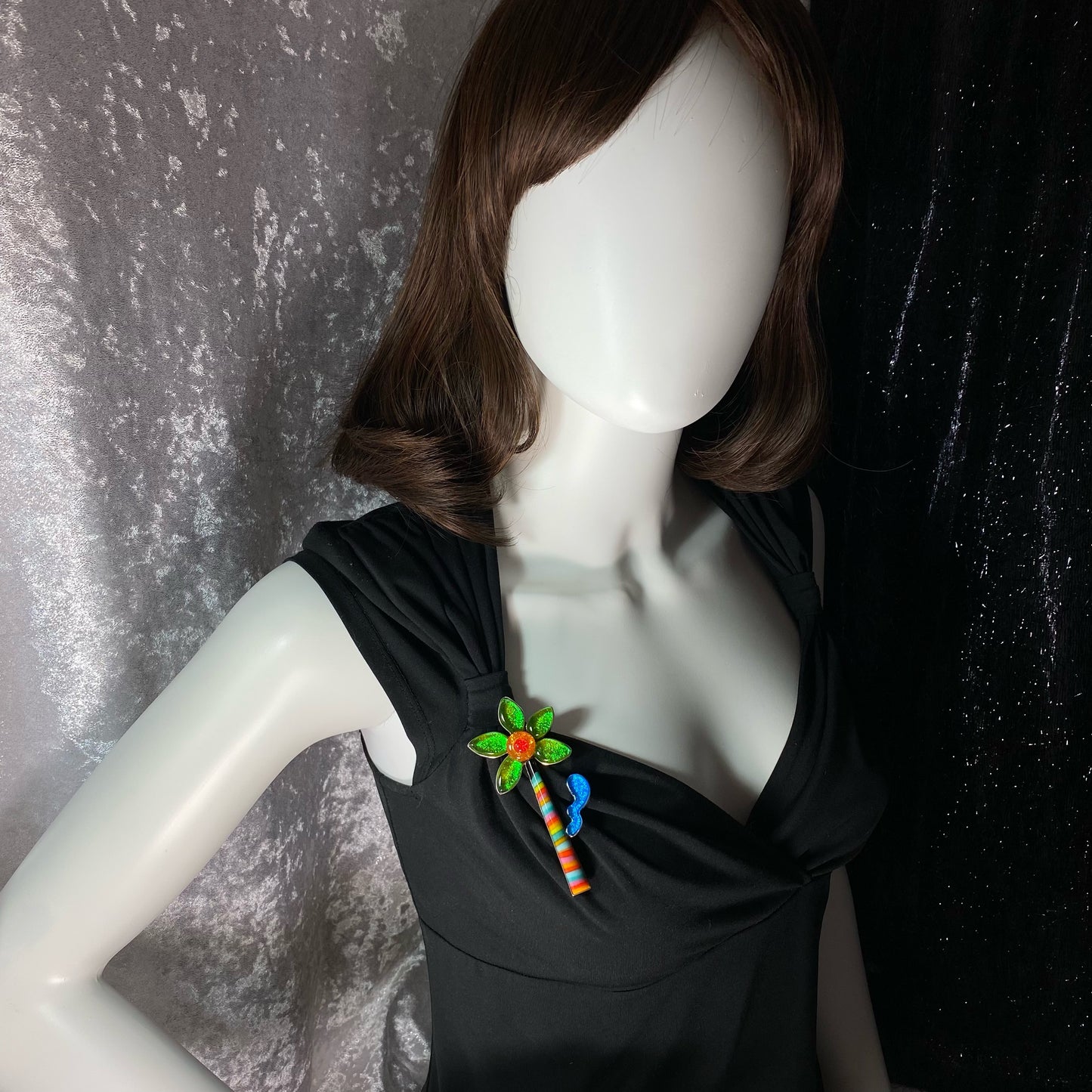 green, yellow and blue with stripes flower tree brooch fused glass, glass jewelry, glass and silver jewelry, handmade, handcrafted, American Craft, hand fabricated jewelry, hand fabricated jewellery, Athen, Georgia, colorful jewelry, sparkle, bullseye glass, dichroic glass, art jewelry