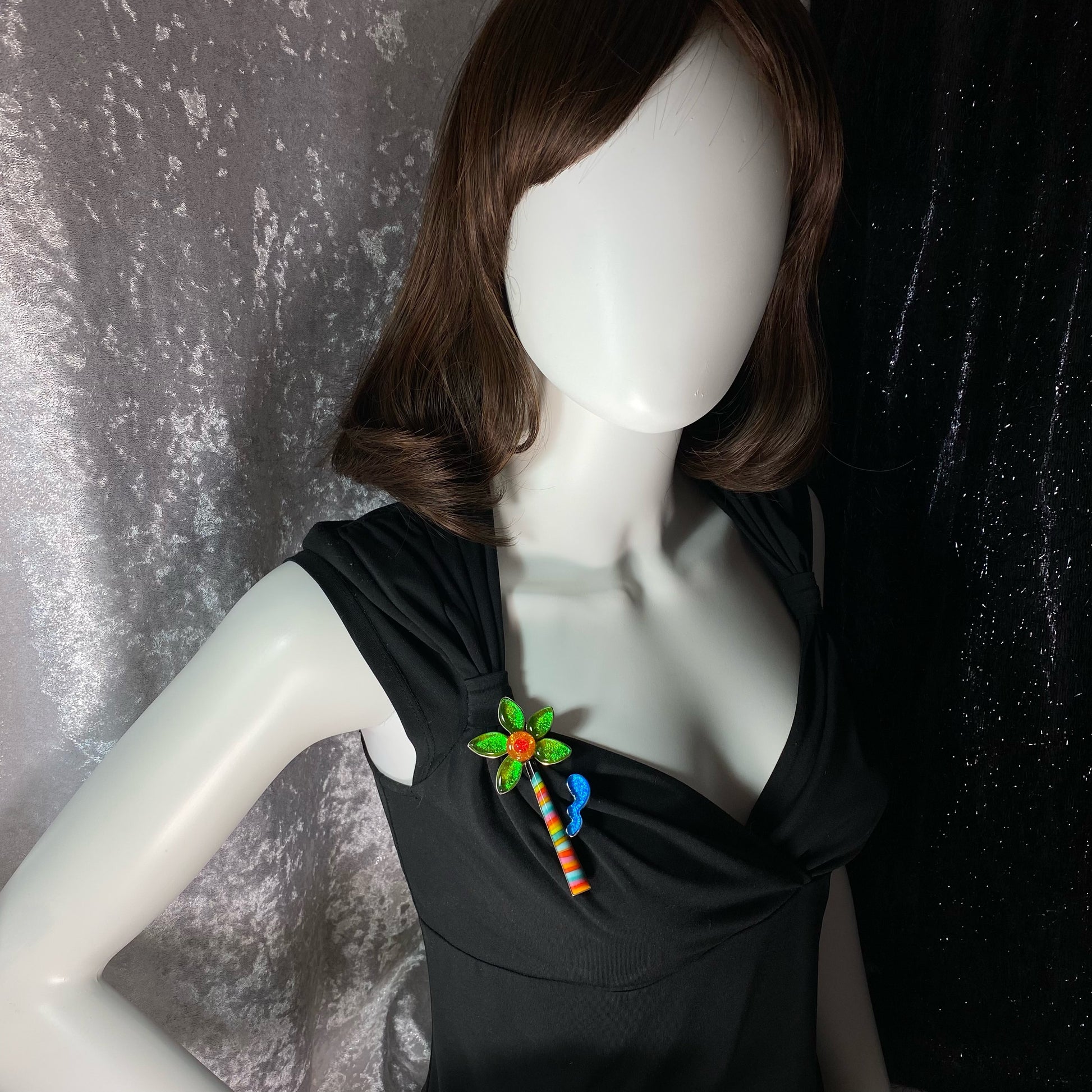 green, yellow and blue with stripes flower tree brooch fused glass, glass jewelry, glass and silver jewelry, handmade, handcrafted, American Craft, hand fabricated jewelry, hand fabricated jewellery, Athen, Georgia, colorful jewelry, sparkle, bullseye glass, dichroic glass, art jewelry