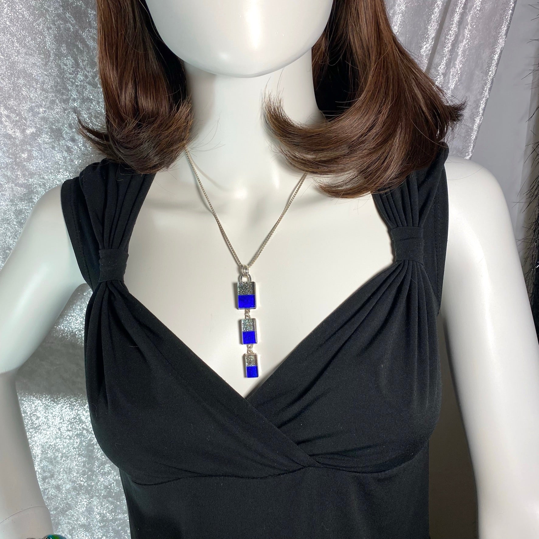 Triple drop rectangle necklace in platinum gray and cobalt blue glass, fused glass, glass jewelry, glass and silver jewelry, handmade, handcrafted, American Craft, hand fabricated jewelry, hand fabricated jewellery, Athen, Georgia, colorful jewelry, sparkle, bullseye glass, dichroic glass, art jewelry