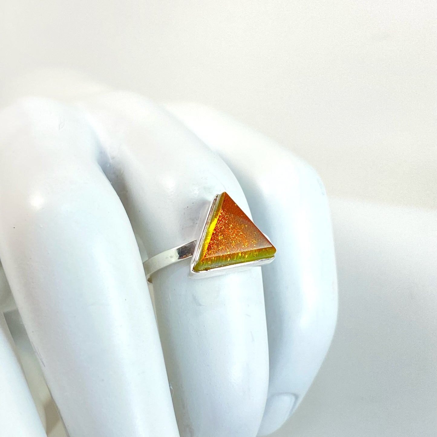 amber gold glass triangle ring, fused glass, glass jewelry, glass and silver jewelry, handmade, handcrafted, American Craft, hand fabricated jewelry, hand fabricated jewellery, Athens, Georgia, colorful jewelry, sparkle, bullseye glass, dichroic glass, art jewelry