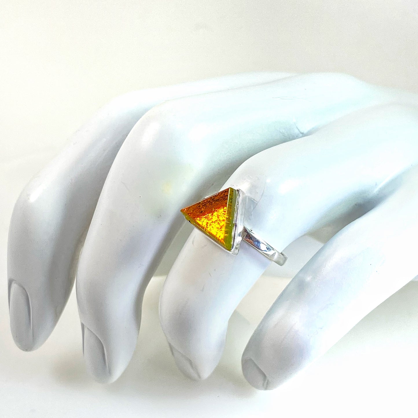 amber gold glass triangle ring, fused glass, glass jewelry, glass and silver jewelry, handmade, handcrafted, American Craft, hand fabricated jewelry, hand fabricated jewellery, Athens, Georgia, colorful jewelry, sparkle, bullseye glass, dichroic glass, art jewelry