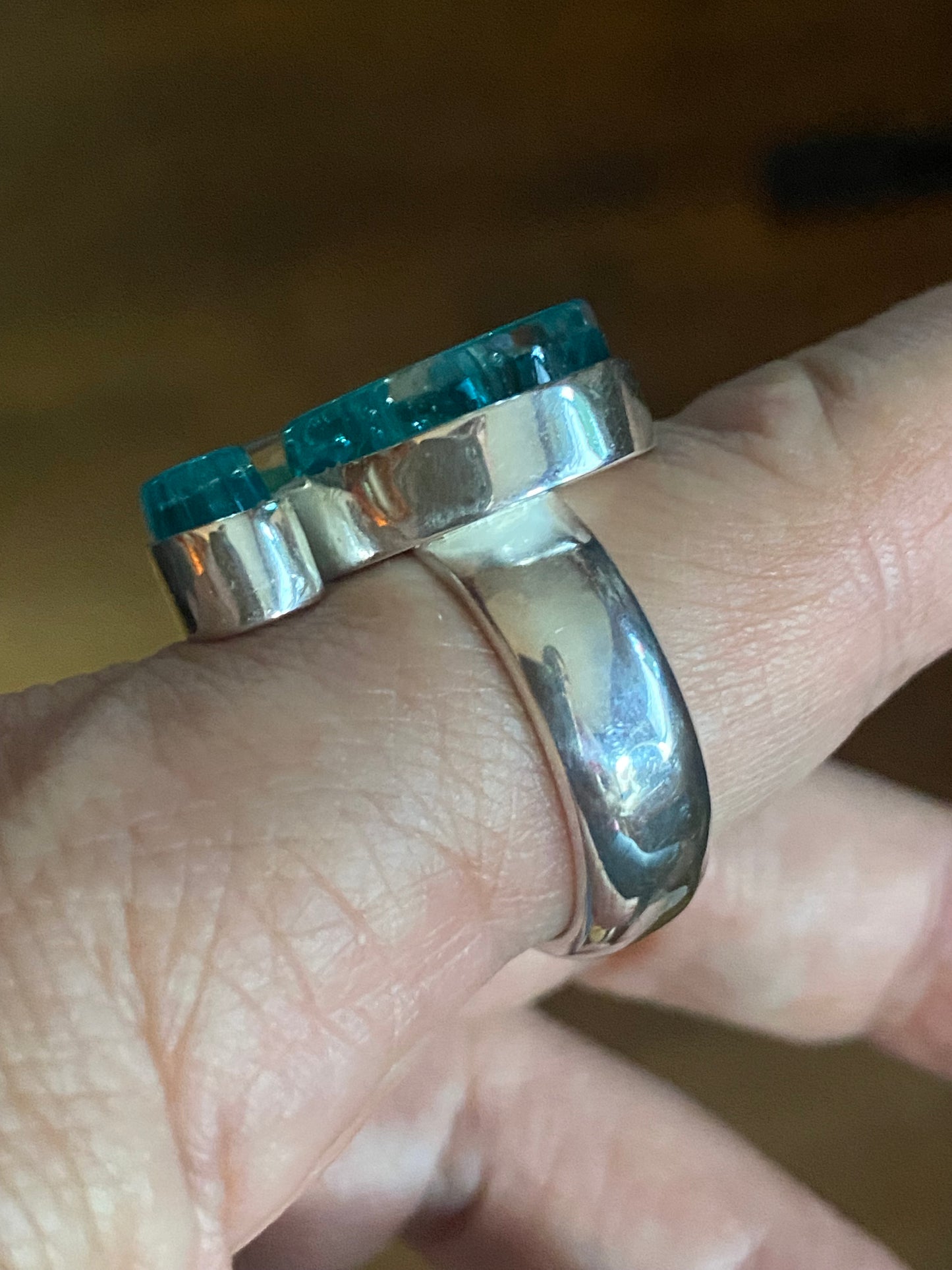 blue glass spiral ring, fused glass, glass jewelry, glass and silver jewelry, handmade, handcrafted, American Craft, hand fabricated jewelry, hand fabricated jewellery, Athen, Georgia, colorful jewelry, sparkle, bullseye glass, dichroic glass, art jewelry