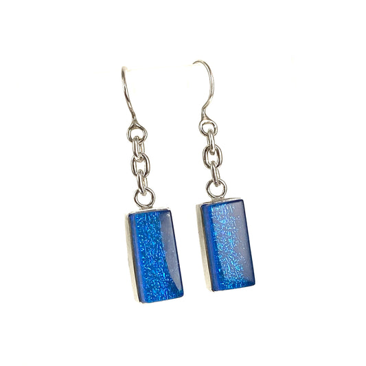 azure, blue, chain earrings, fused glass, glass jewelry, glass and silver jewelry, handmade, handcrafted, American Craft, hand fabricated jewelry, hand fabricated jewellery,  Athen, Georgia, colorful jewelry, sparkle, bullseye glass, dichroic glass, art jewelry