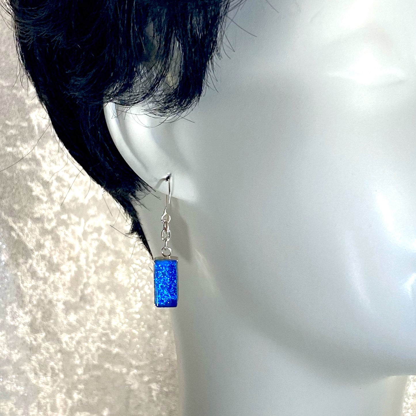 azure, blue, chain earrings, fused glass, glass jewelry, glass and silver jewelry, handmade, handcrafted, American Craft, hand fabricated jewelry, hand fabricated jewellery, Athen, Georgia, colorful jewelry, sparkle, bullseye glass, dichroic glass, art jewelry 