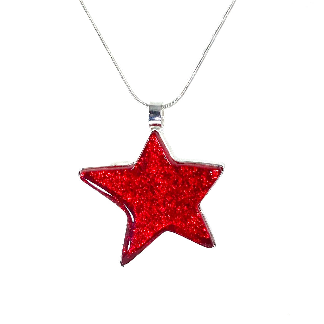 red cherry star pendant, fused glass, glass jewelry, glass and silver jewelry, handmade, handcrafted, American Craft, hand fabricated jewelry, hand fabricated jewellery,  Athen, Georgia, colorful jewelry, sparkle, bullseye glass, dichroic glass, art jewelry