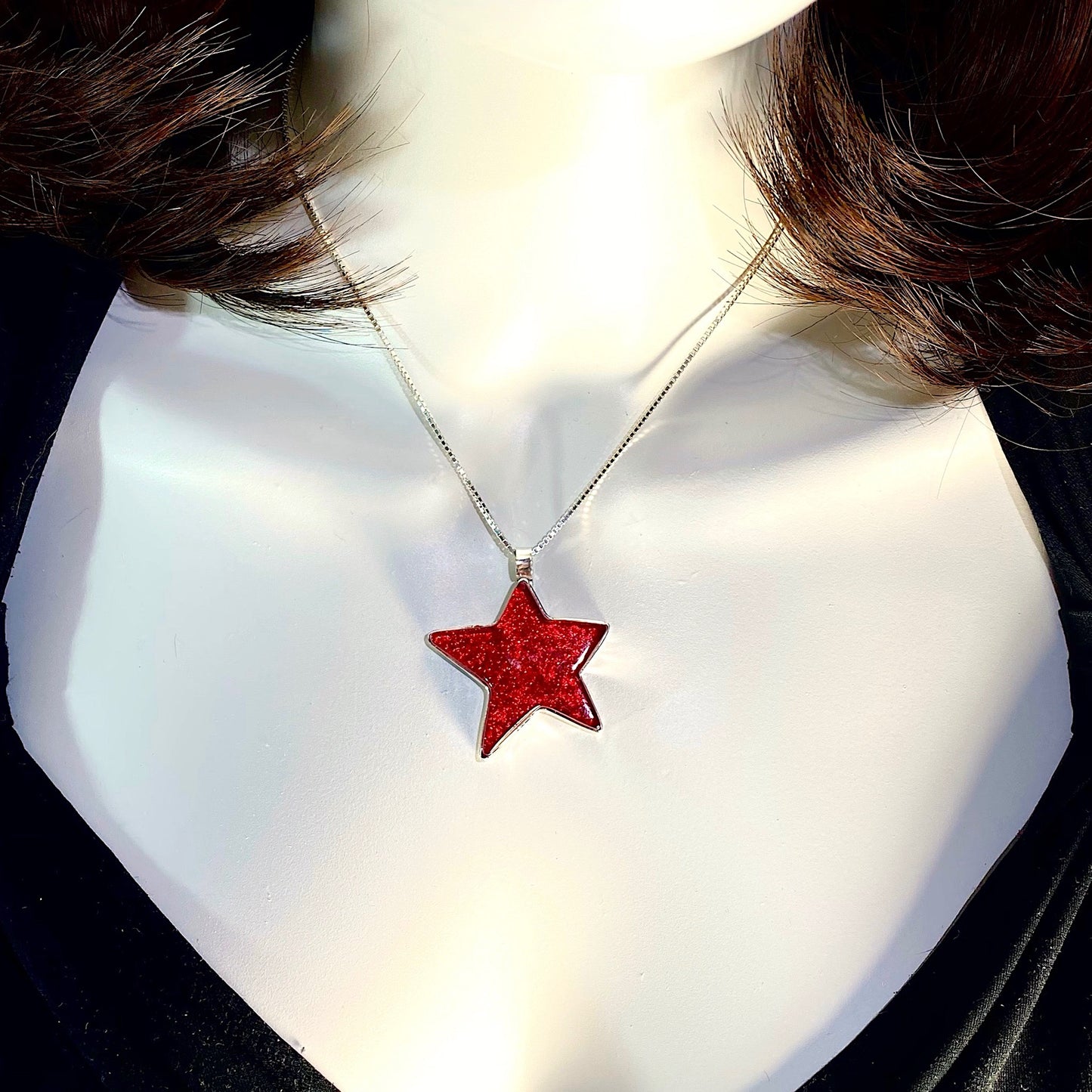 red cherry star pendant, fused glass, glass jewelry, glass and silver jewelry, handmade, handcrafted, American Craft, hand fabricated jewelry, hand fabricated jewellery, Athen, Georgia, colorful jewelry, sparkle, bullseye glass, dichroic glass, art jewelry